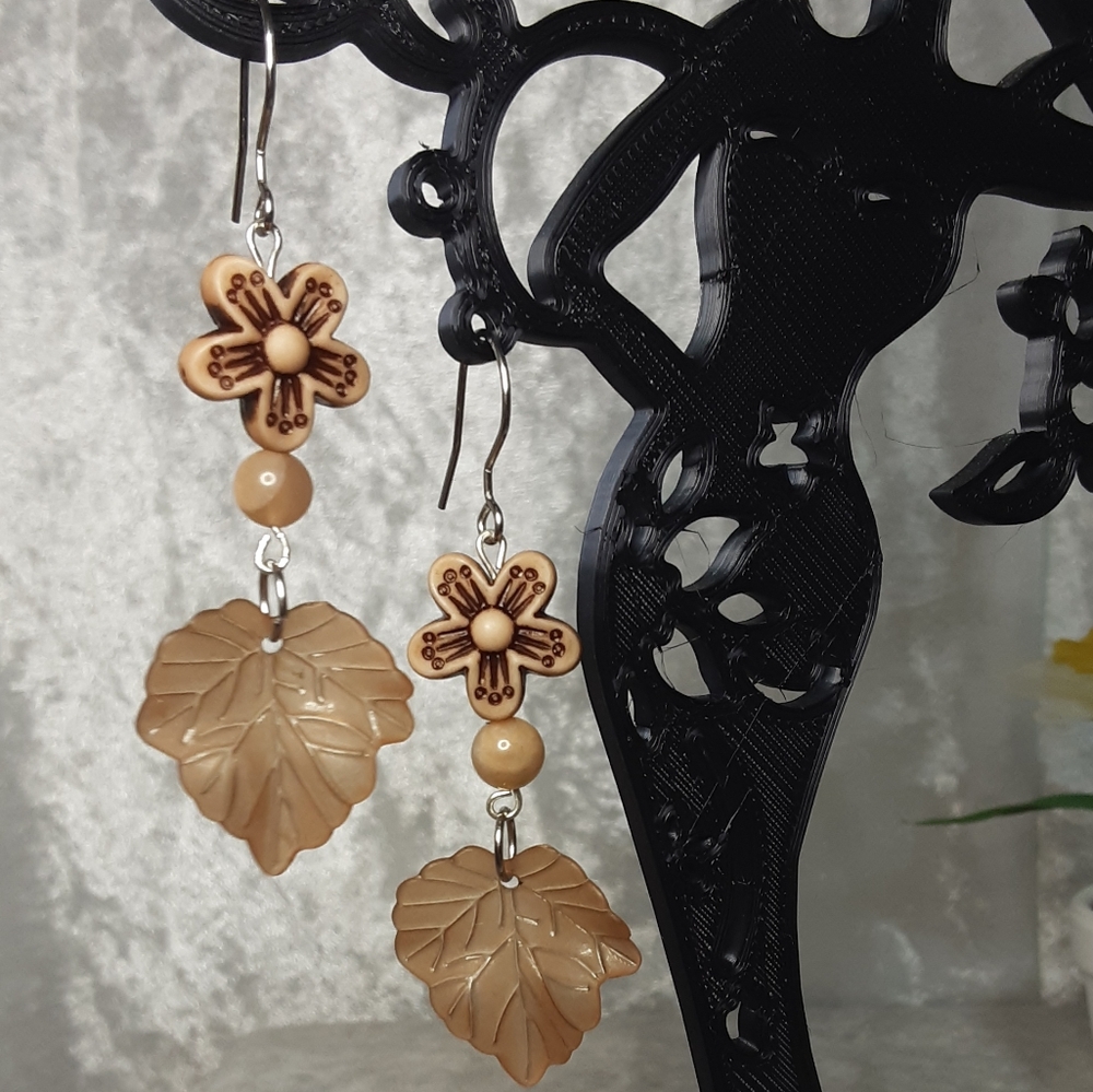 Handmade Fall Leaf And Flower Earrings Light Brown